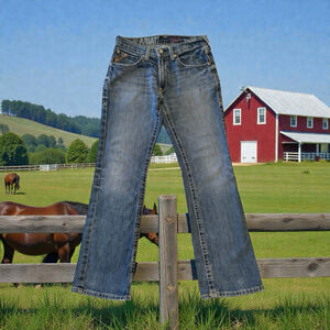 ARIAT M6 Slim Boot Jeans Mens 31 X 34 Blue Distressed Thick Durable Jeans